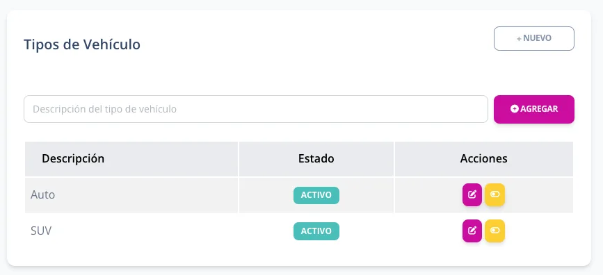 Crear tipos de vehículo